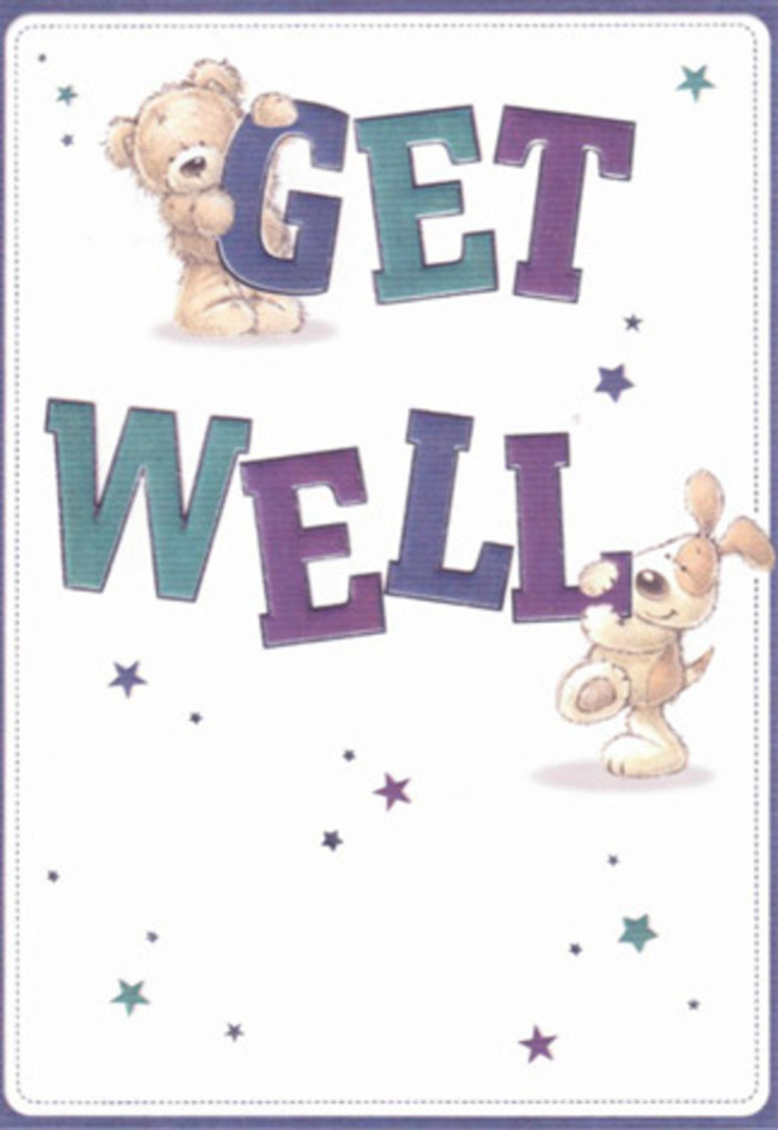 This charming get well card, filled with the gentle encouragement so often found in Old Malden's community, portrays a joyful bear and puppy duo, their expressive faces brimming with empathy and hope. The bear, with softly shaded brown fur, hovers happily above the word 'GET', while the puppy, ears flopping and tail curled, nestles playfully beside 'WELL', as if eager to share in the act of wishing well. The confident typography-painted in gradients of indigo and teal-anchors the design, giving it a grounded, cheerful strength. Around these friends, whimsical stars drift and twinkle, cast in delicate blues and purples, echoing the vibrant diversity seen in Old Malden's blooming gardens and friendly market corners. The illustration's textures evoke sensations of snuggling into a warm blanket or holding a plush toy close-a reminder of the comforting embrace you might receive from neighbours at a local gathering. This card would pair beautifully with a florist's arrangement-perhaps a hand-delivered bouquet crafted nearby-making each moment of support a little brighter. The entire composition is an airy celebration of positivity and thoughtful care, expertly crafted for anyone in Old Malden needing encouragement and a gentle lift in spirit.